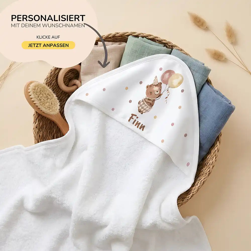 Personalisiertes Kapuzenhandtuch Baby Bär Luftballons – 80×80 cm Frottee mit Wunschname