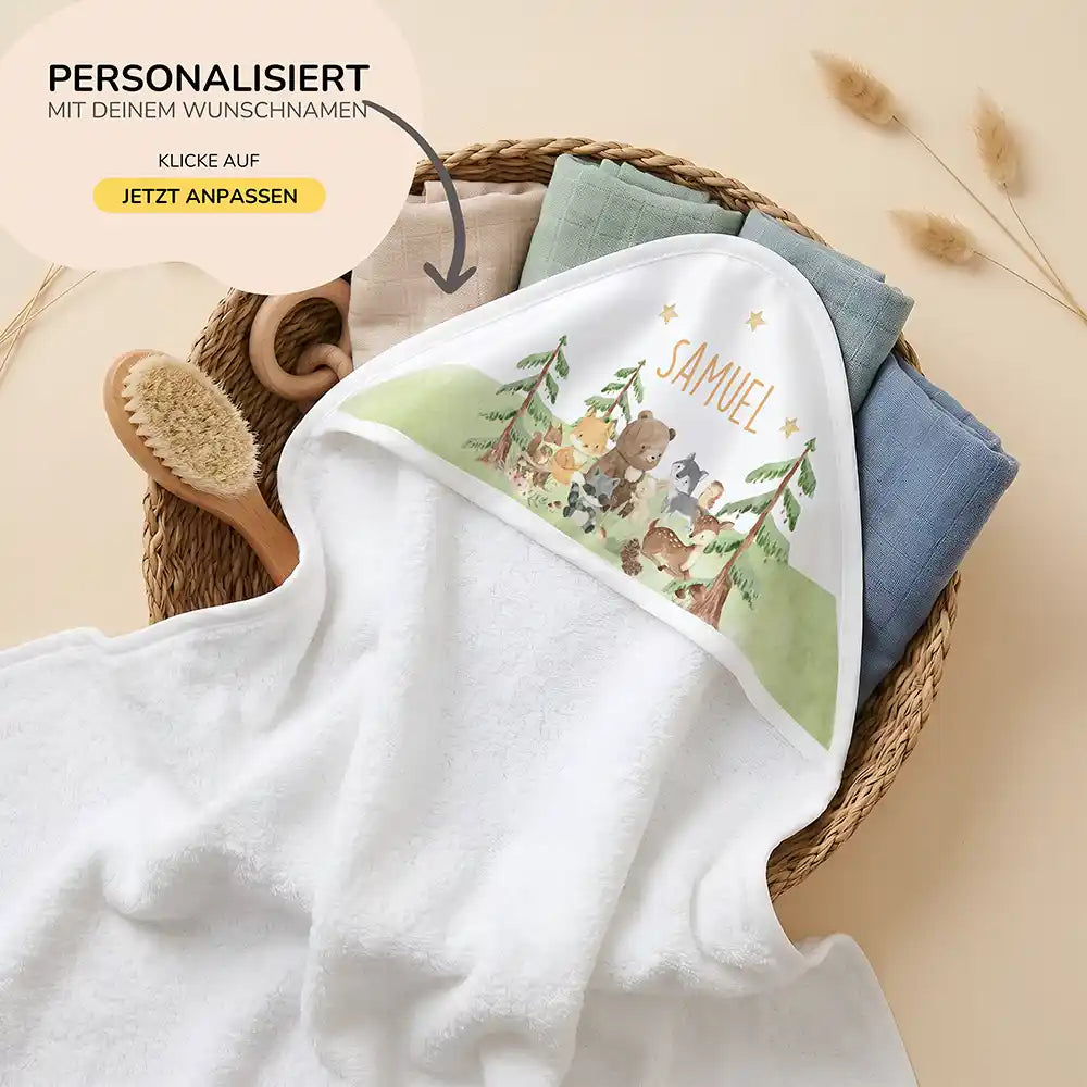 Personalisiertes Kapuzenhandtuch Baby Waldwiese Tiere – 80×80 cm Frottee mit Wunschname