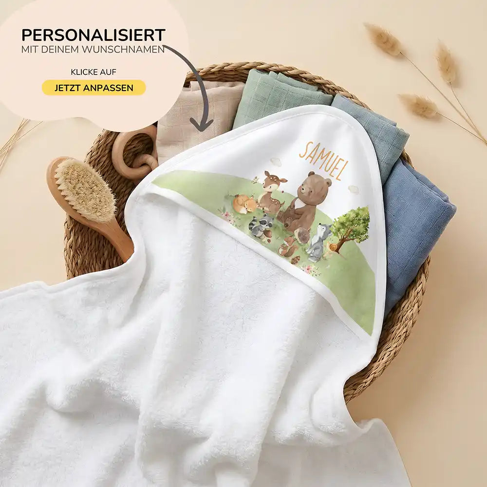 Personalisiertes Kapuzenhandtuch Baby Waldparade – 80×80 cm Frottee mit Wunschname