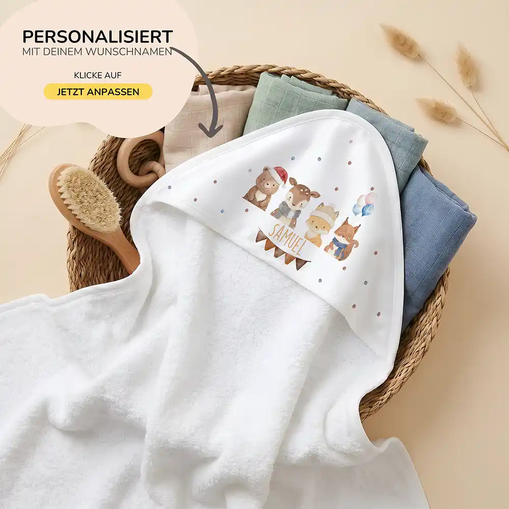 Personalisiertes Kapuzenhandtuch Baby Winter Waldfreunde – 80×80 cm Frottee mit Wunschname