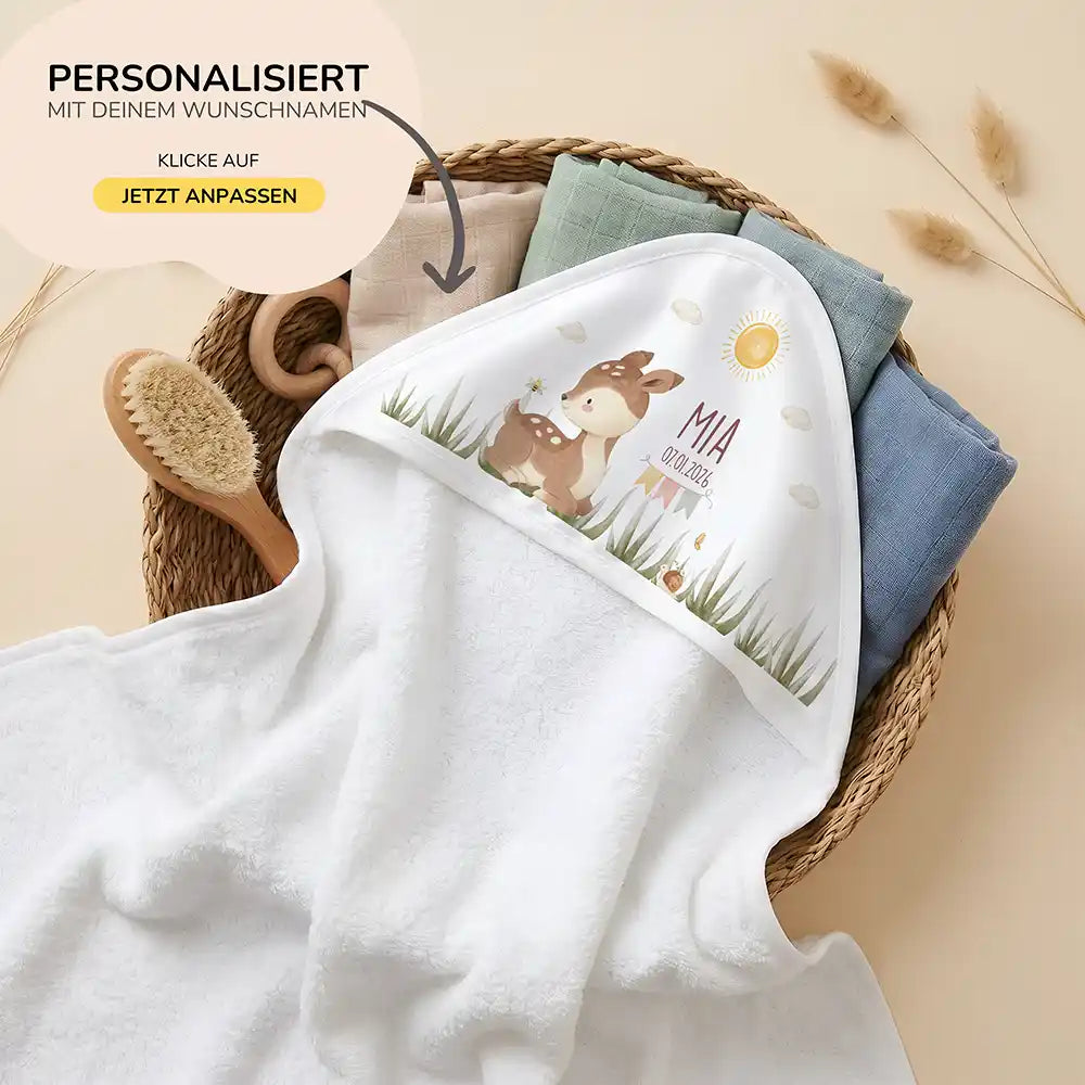 Personalisiertes Kapuzenhandtuch Baby Reh Geburtsdaten – 80×80 cm Frottee mit Wunschname