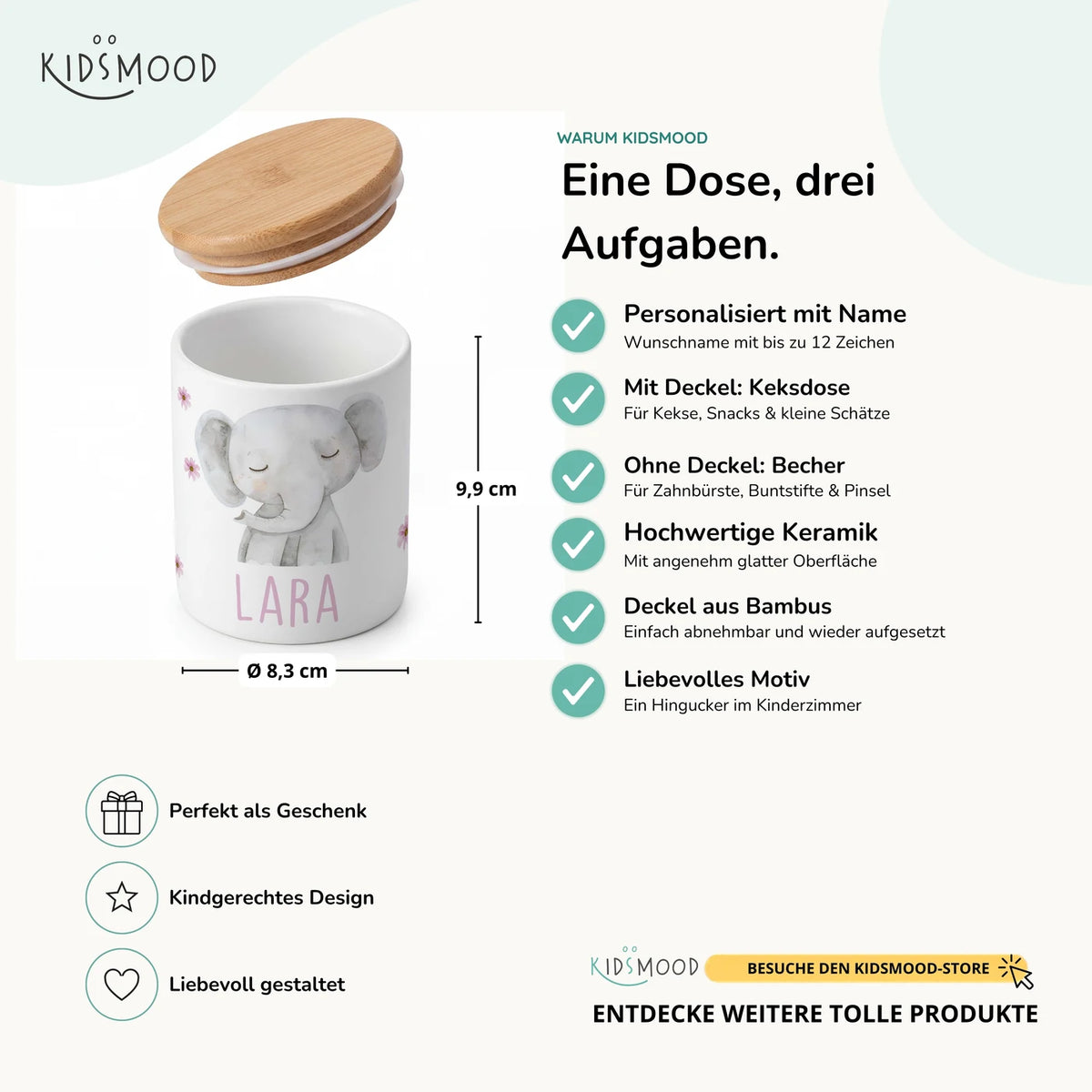 Personalisierte Keksdose Elefant Blumen – Keramik & Bambus mit Wunschname