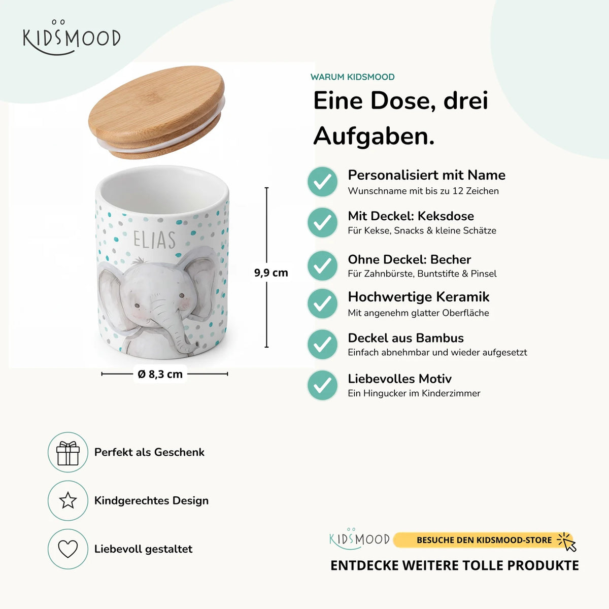Personalisierte Keksdose Elefant Konfetti – Keramik & Bambus mit Wunschname