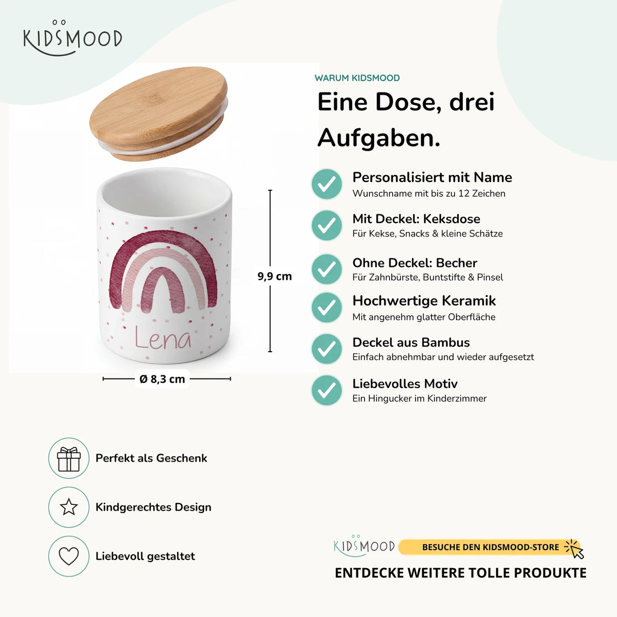 Personalisierte Keksdose Regenbogen Rosa – Keramik & Bambus mit Wunschname
