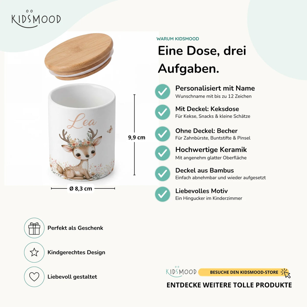 Personalisierte Keksdose Reh Blumenkranz – Keramik & Bambus mit Wunschname