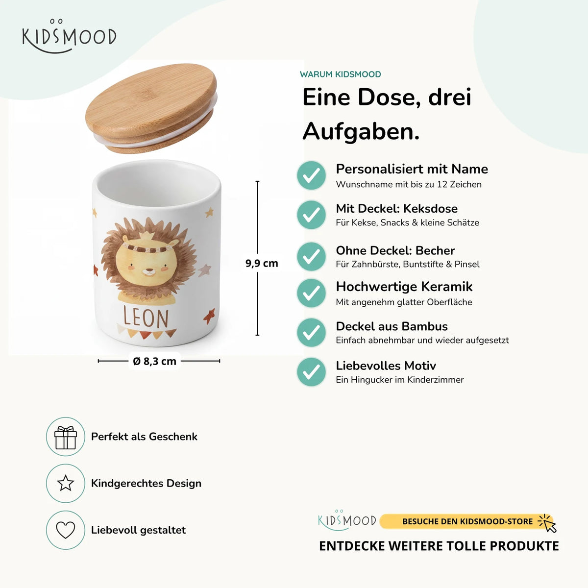 Personalisierte Keksdose Löwe Boho â Keramik & Bambus mit Wunschname