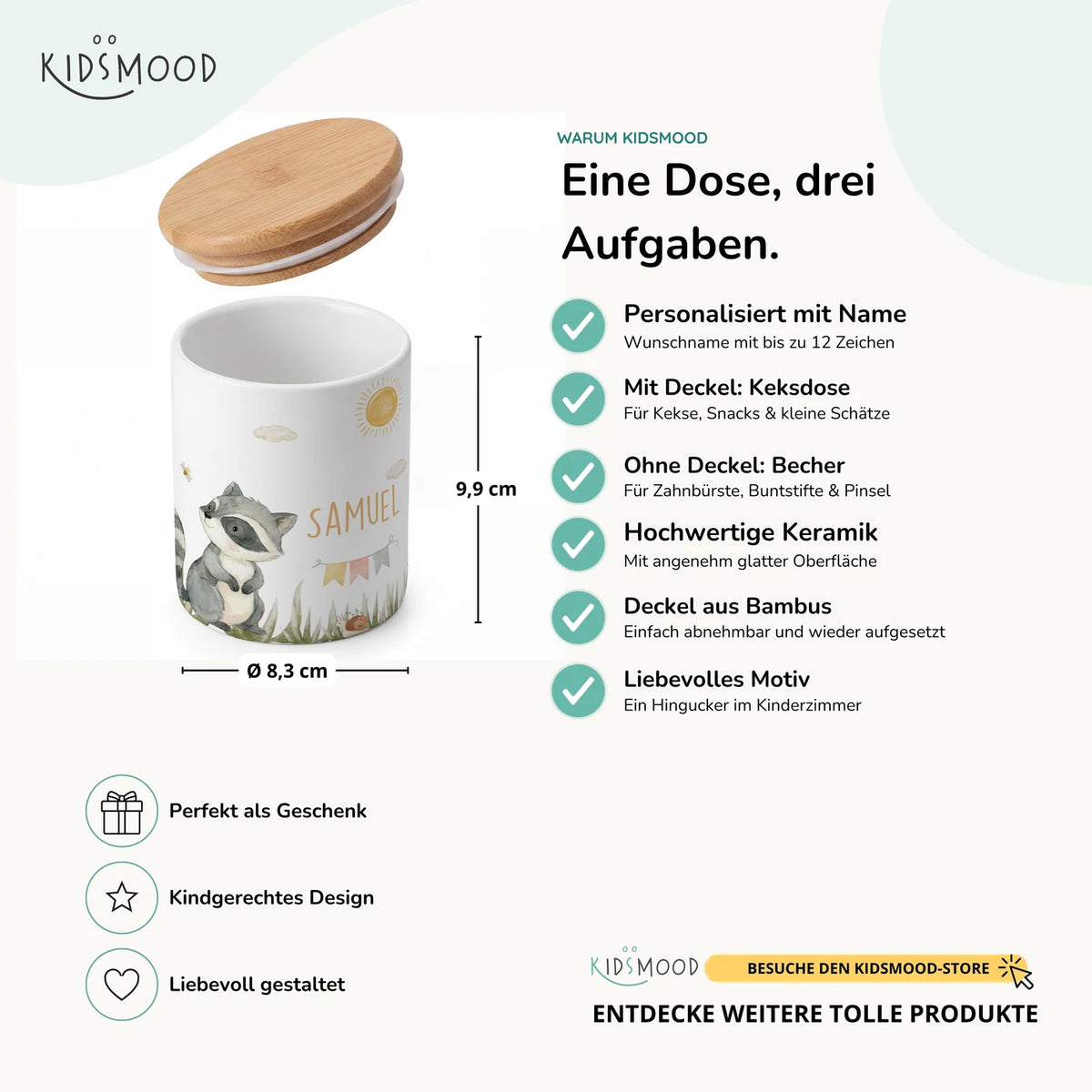 Personalisierte Keksdose WaschbĂ€r Sommer â Keramik & Bambus mit Wunschname