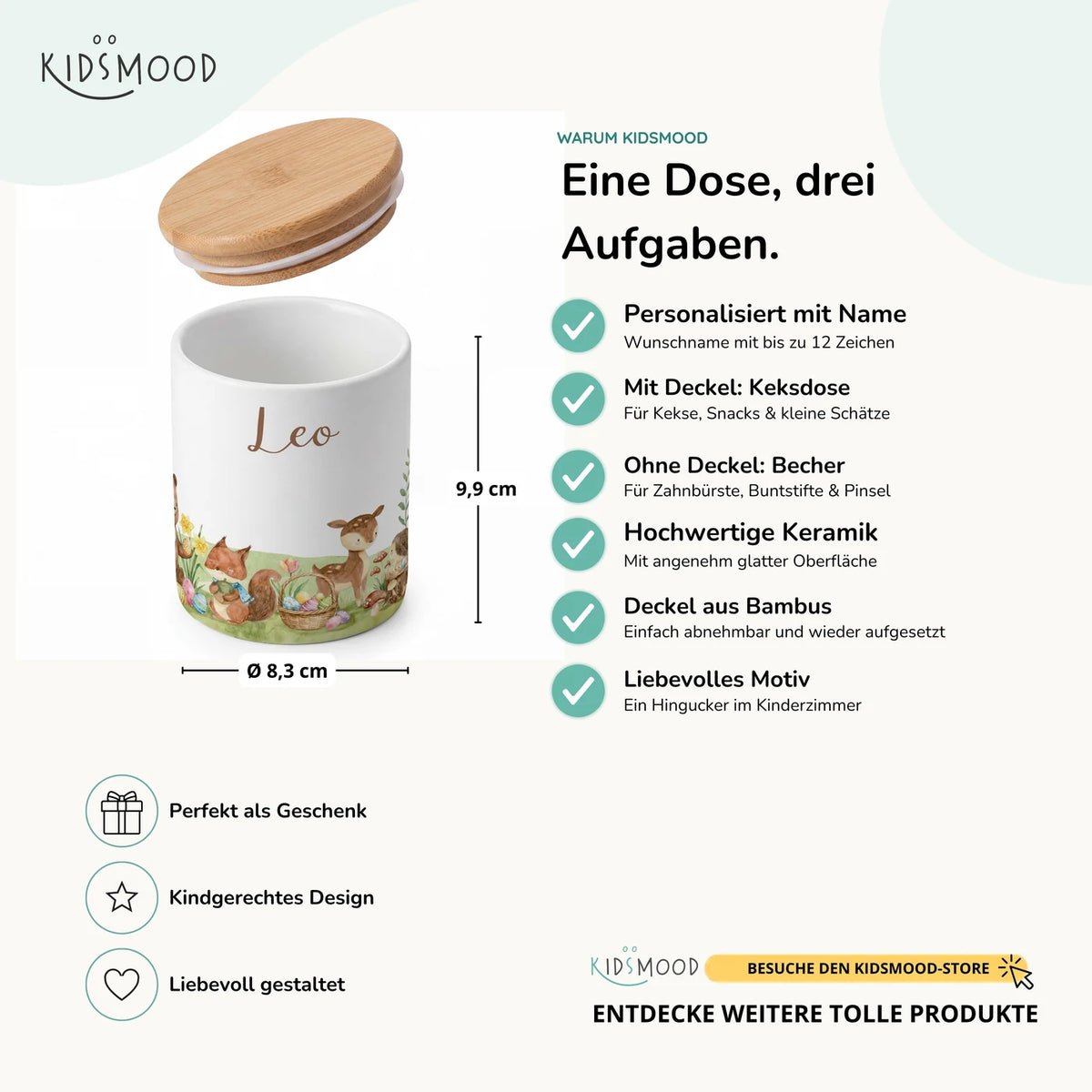 Personalisierte Keksdose Ostern Frühlingswiese – Keramik & Bambus mit Wunschname