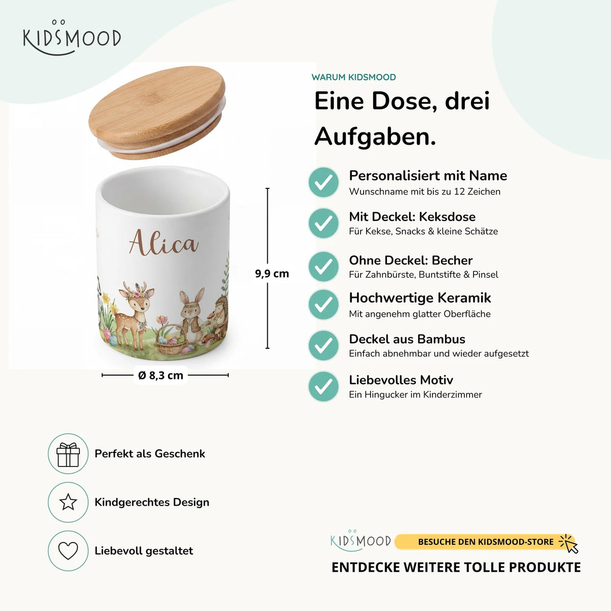 Personalisierte Keksdose Ostern Waldtiere-Treff – Keramik & Bambus mit Wunschname