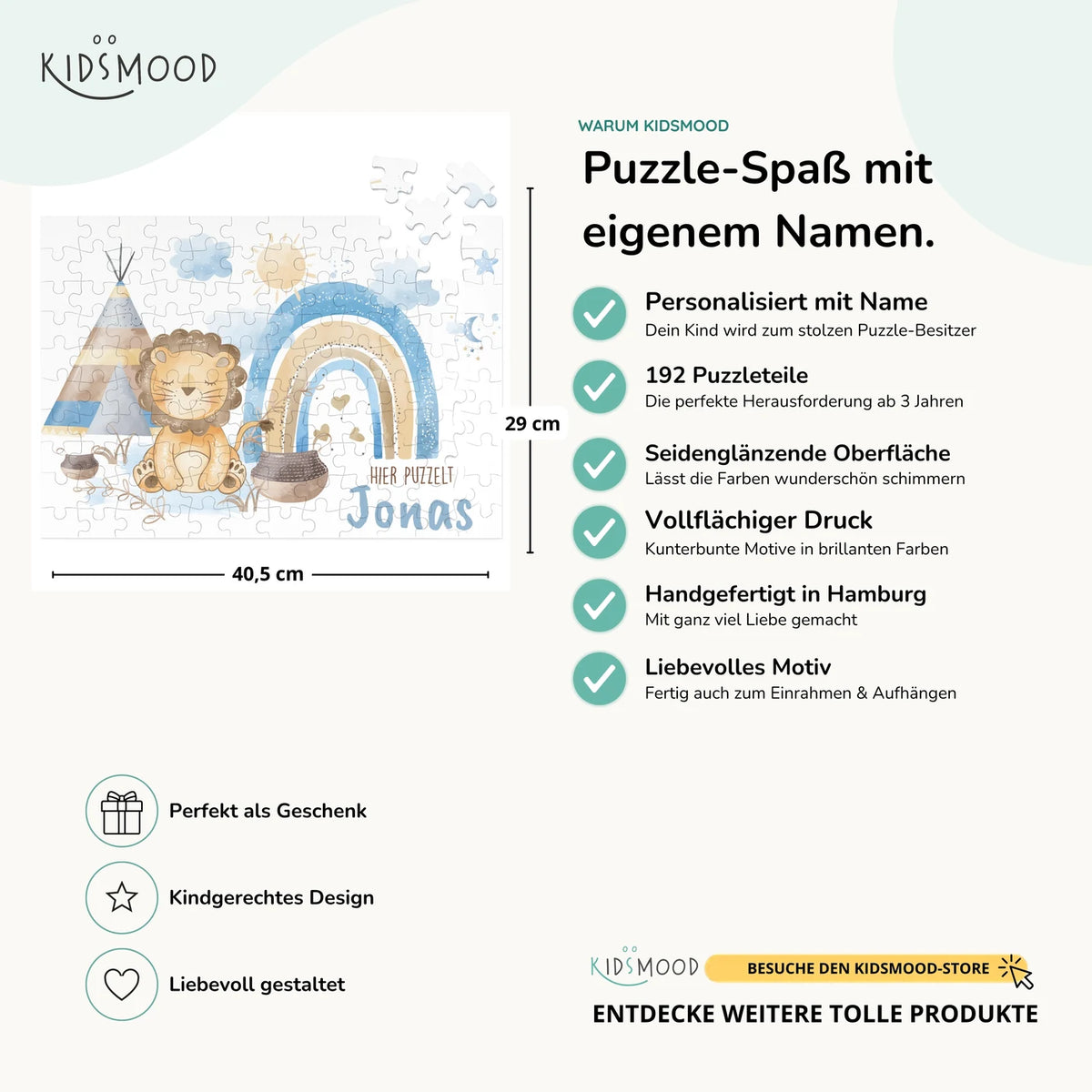 Kinderpuzzle personalisiert mit Namen - Löwe mit Regenbogen
