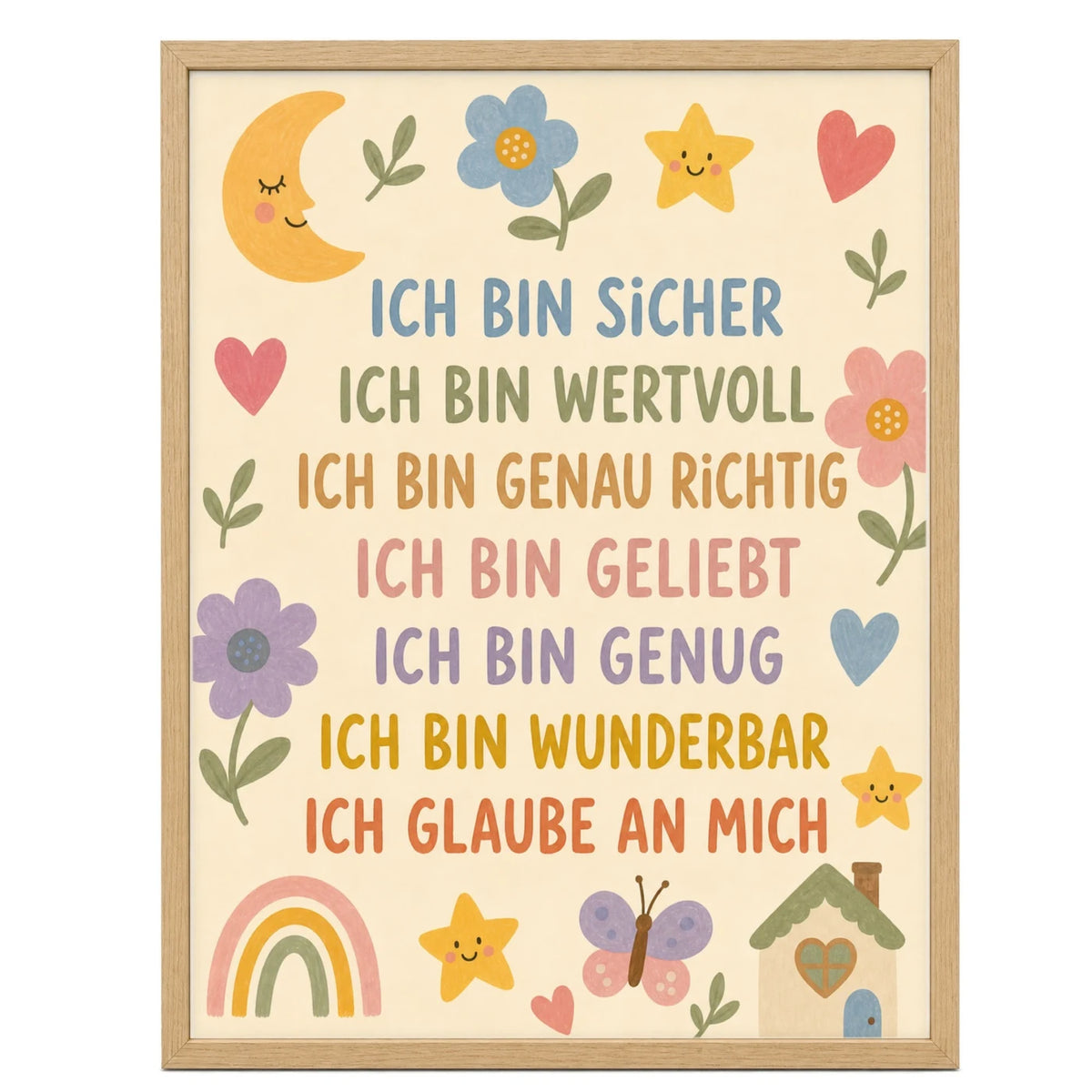 Affirmationsposter âBlumenwiese Ich bin sicherâ fĂŒrs Kinderzimmer â Kinderposter mit positiven Botschaften, 30 Ă 40 cm