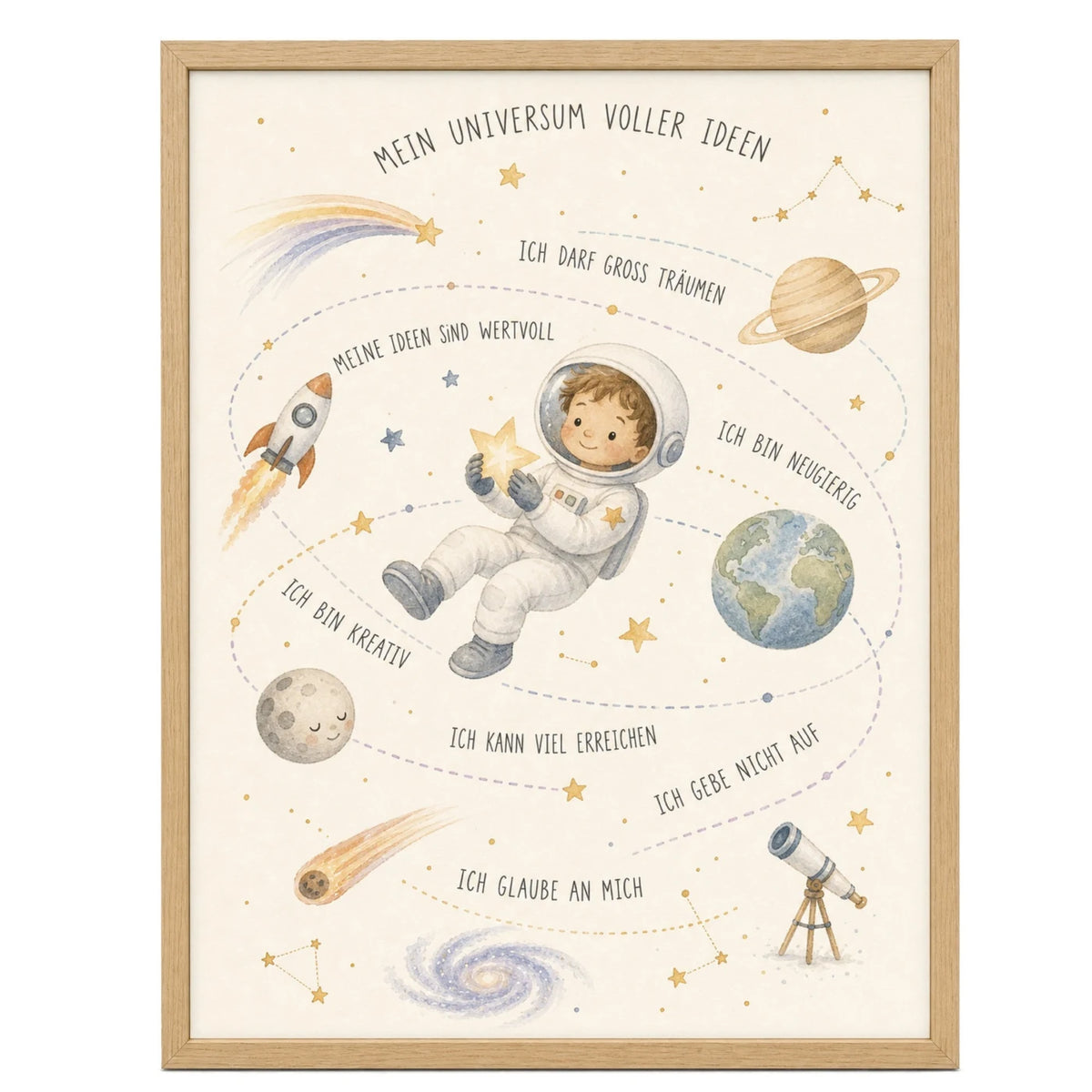 Affirmationsposter âUniversum voller Ideenâ fĂŒrs Kinderzimmer â Kinderposter mit positiven Botschaften, 30 Ă 40 cm