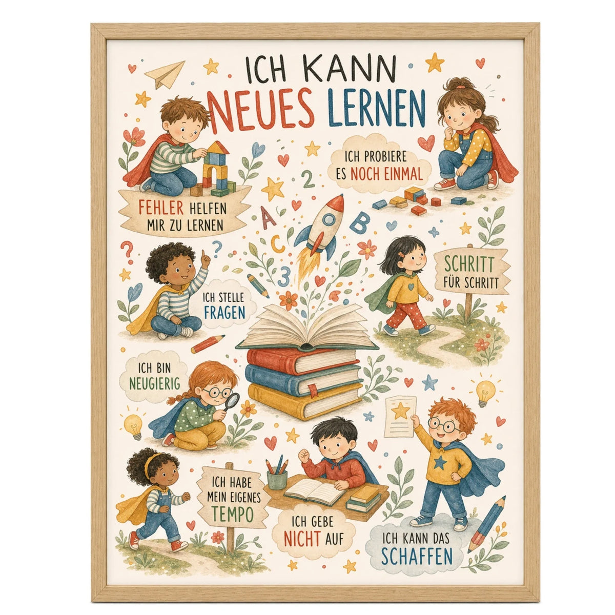 Affirmationsposter âWimmelbild Neues lernenâ fĂŒrs Kinderzimmer â Kinderposter mit positiven Botschaften, 30 Ă 40 cm
