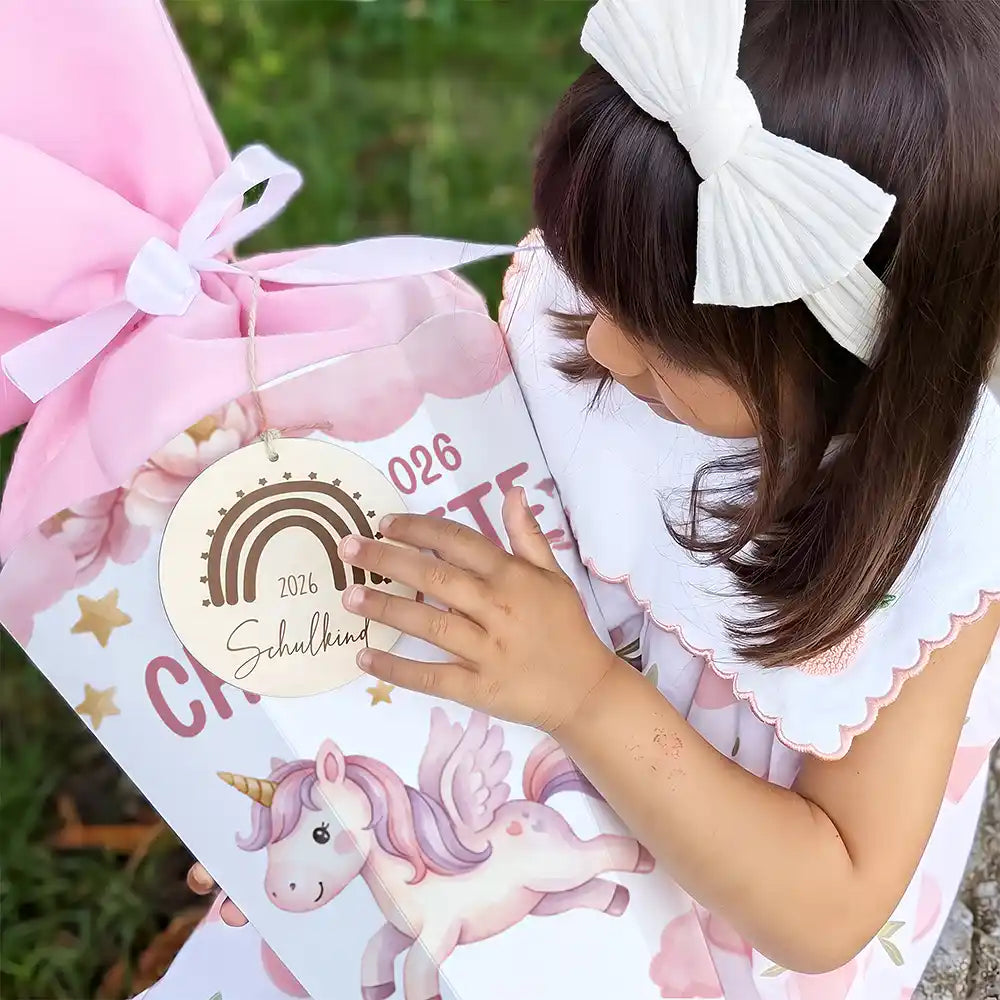 Schultüte personalisiert mit Name Pegasus Einhorn – Holzanhänger mit Lasergravur und Wunschname