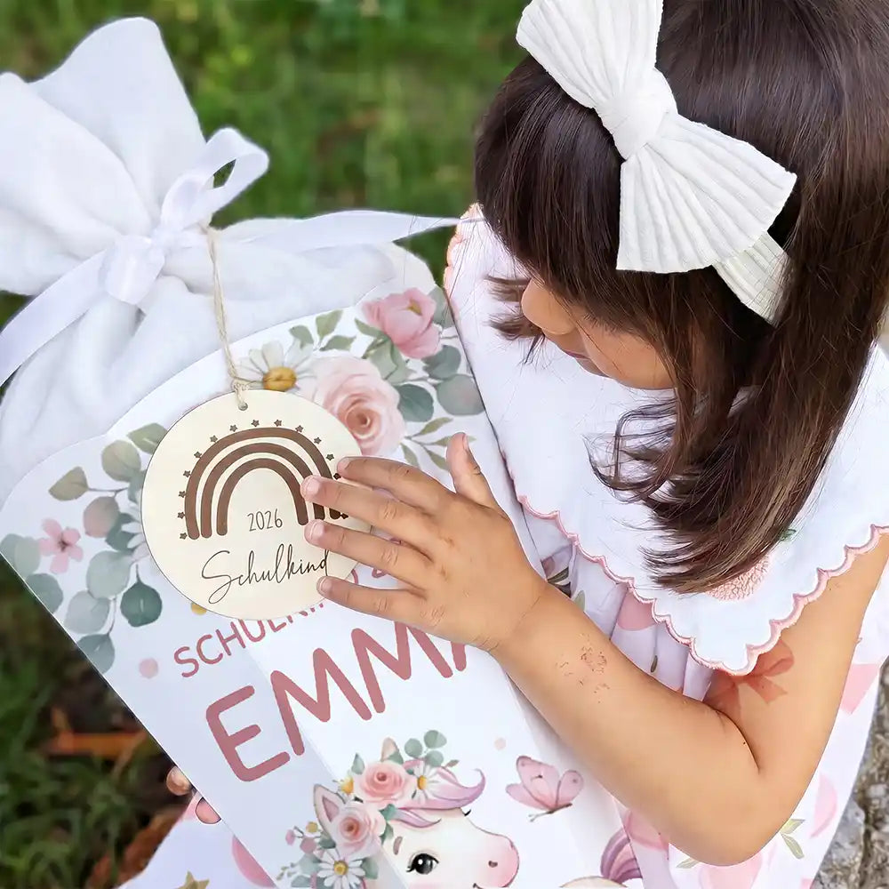 Schultüte personalisiert mit Name Pony mit Blumen – Holzanhänger mit Lasergravur und Wunschname