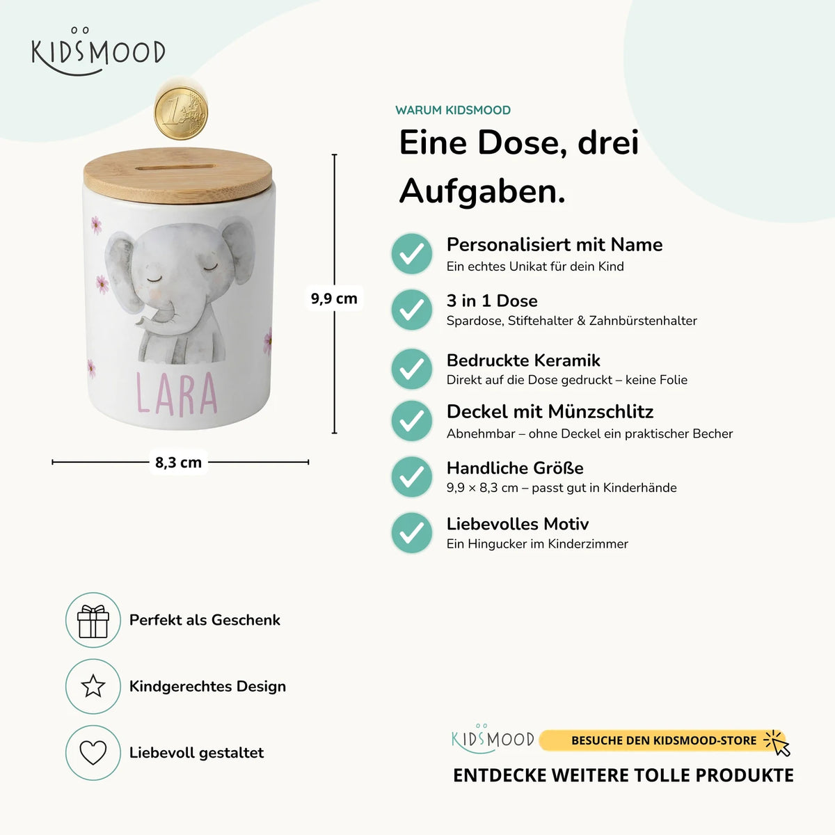 Personalisierte Spardose Elefant Blumen â Keramik & Bambus mit Wunschname