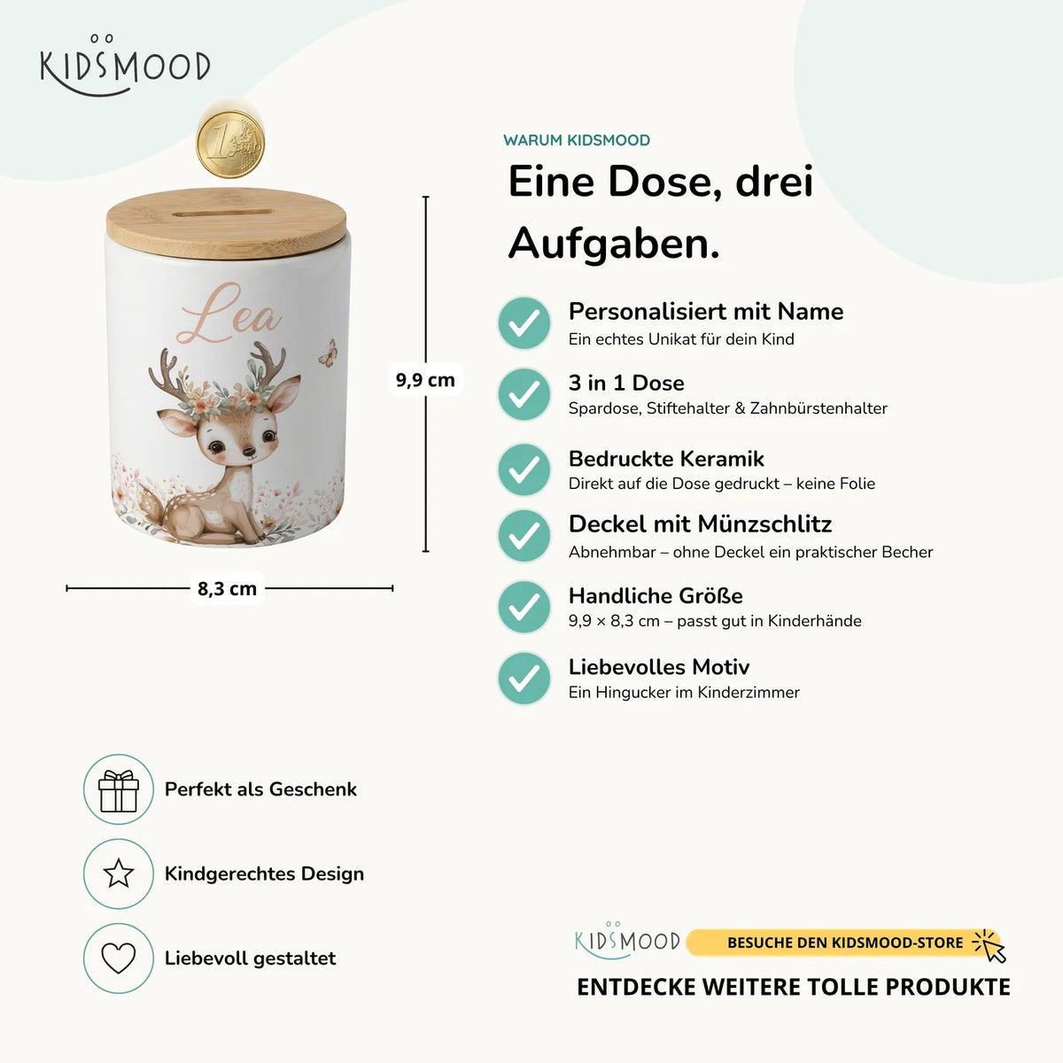 Personalisierte Spardose Reh Blumenkranz – Keramik & Bambus mit Wunschname