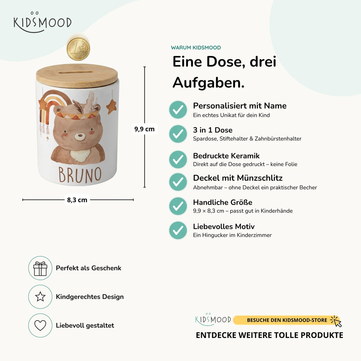 Personalisierte Spardose Boho-BĂ€r â Keramik & Bambus mit Wunschname
