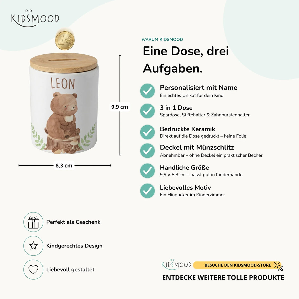 Personalisierte Spardose BĂ€r Wald â Keramik & Bambus mit Wunschname