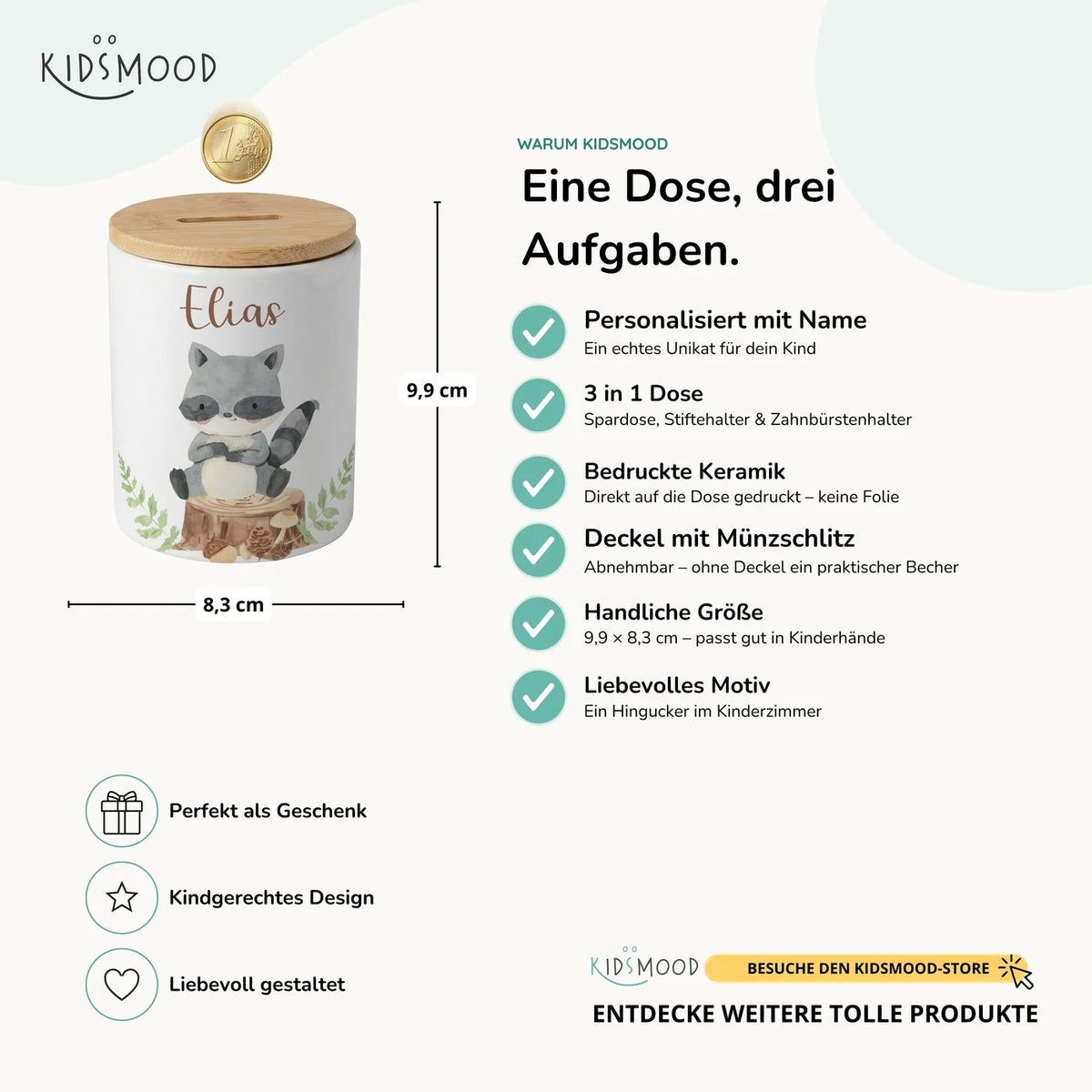 Personalisierte Spardose WaschbĂ€r Wald â Keramik & Bambus mit Wunschname