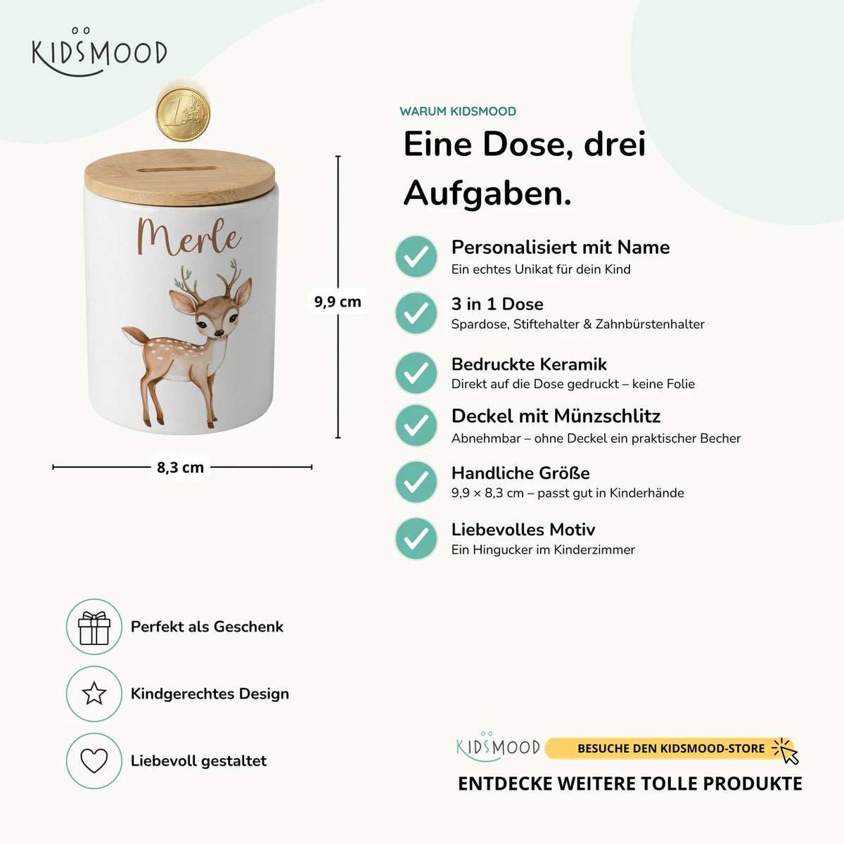 Personalisierte Spardose Rehkitz Bambi – Keramik & Bambus mit Wunschname