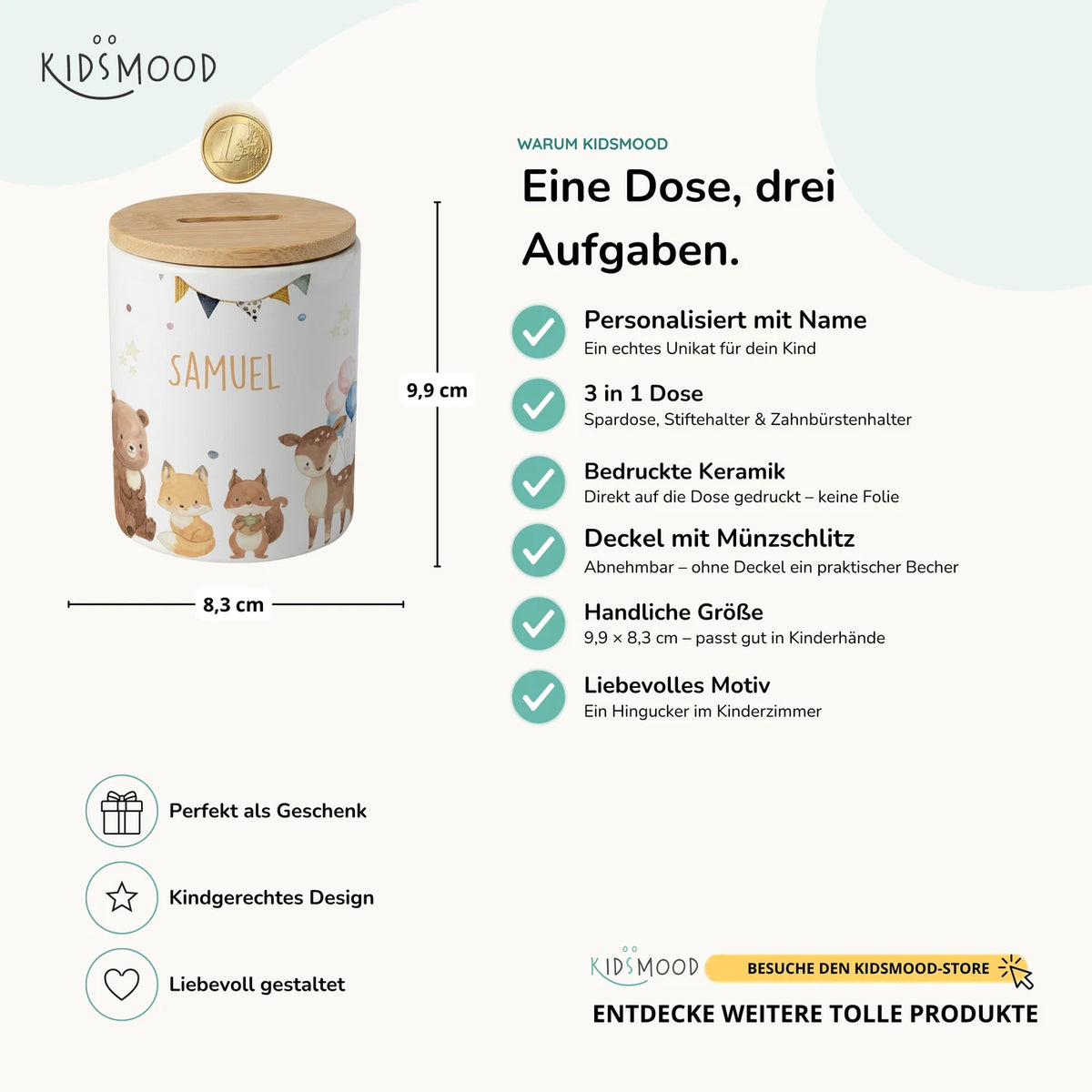 Personalisierte Spardose Waldtiere Party – Keramik & Bambus mit Wunschname