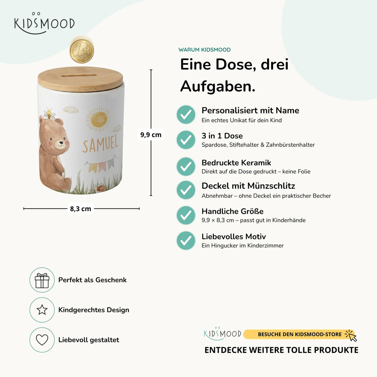 Personalisierte Spardose BĂ€r Sommer â Keramik & Bambus mit Wunschname