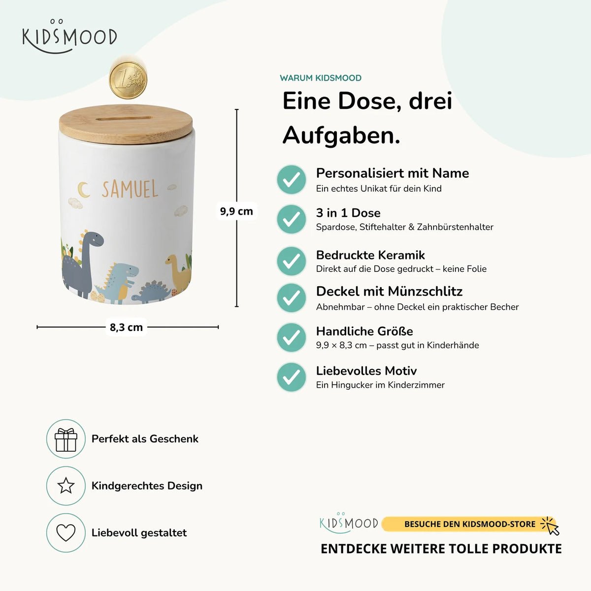 Personalisierte Spardose Dinosaurier Mond – Keramik & Bambus mit Wunschname