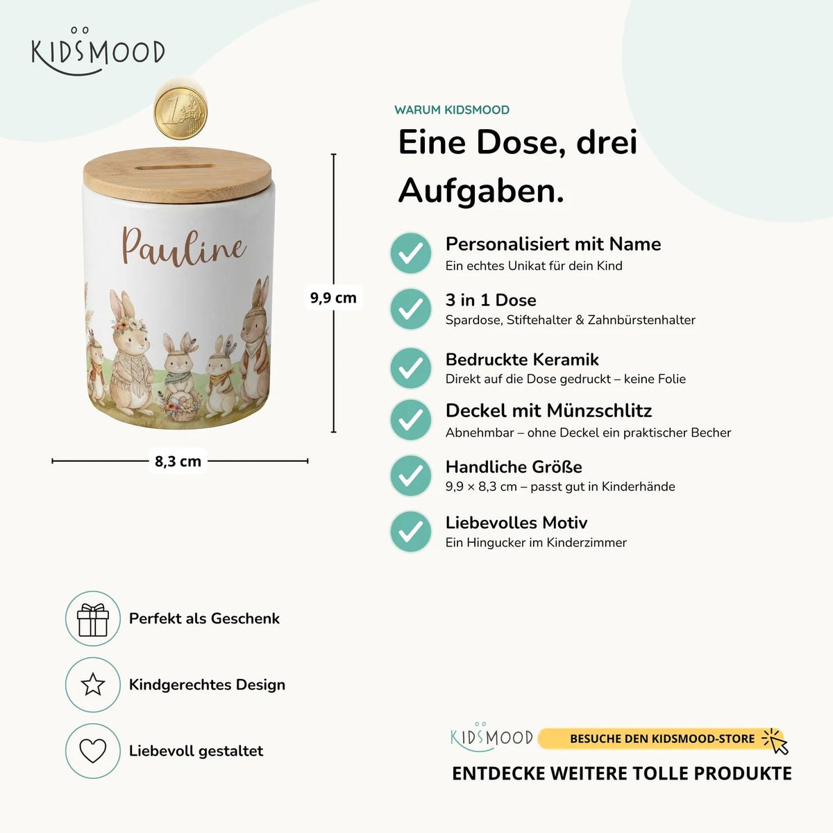 Personalisierte Spardose Boho-Hasen – Keramik & Bambus mit Wunschname