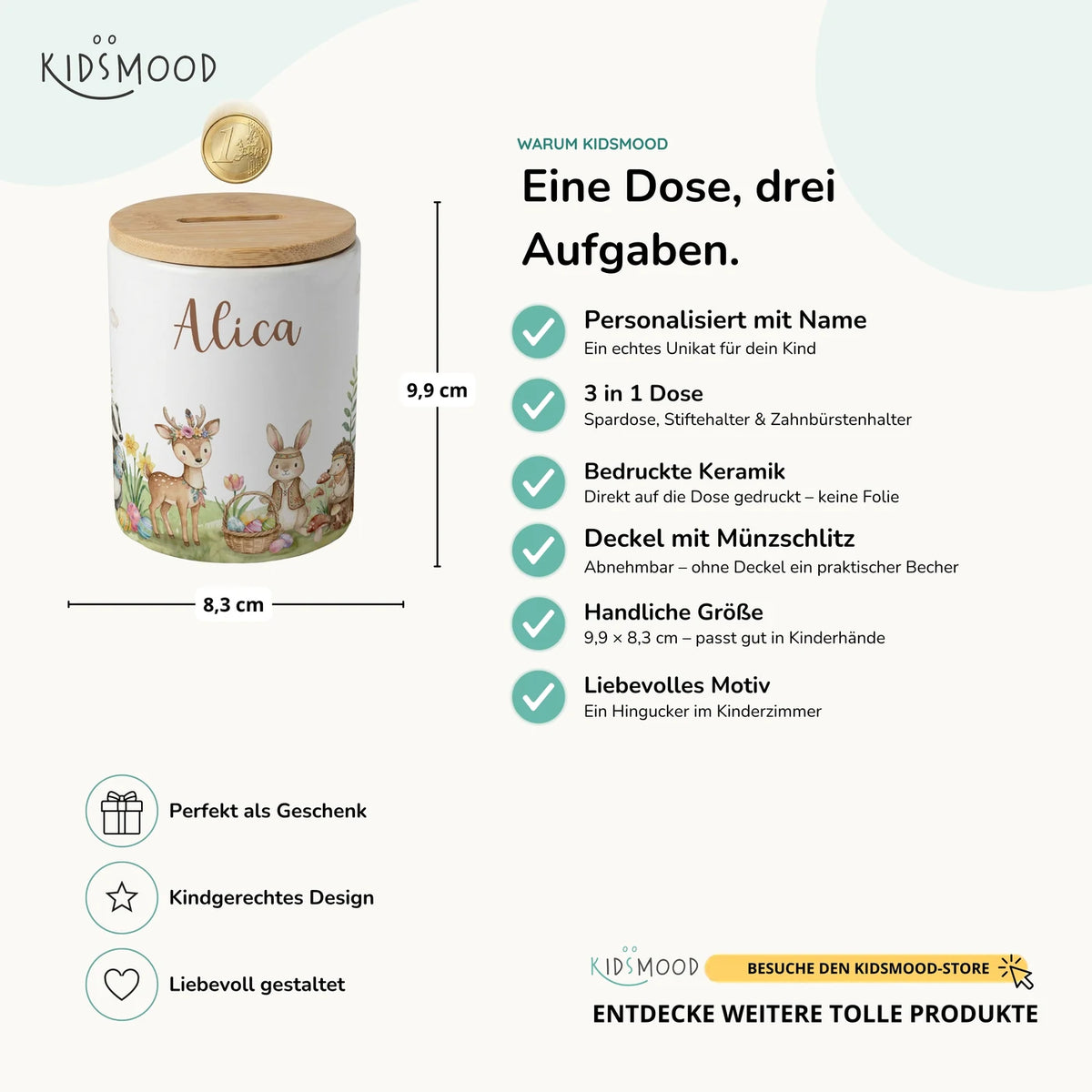 Personalisierte Spardose Ostern Waldtiere-Treff – Keramik & Bambus mit Wunschname