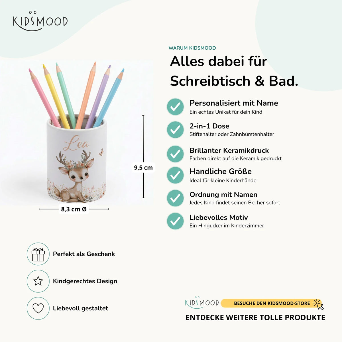 Personalisierter Stiftehalter Reh Blumenkranz â Keramik mit Wunschname