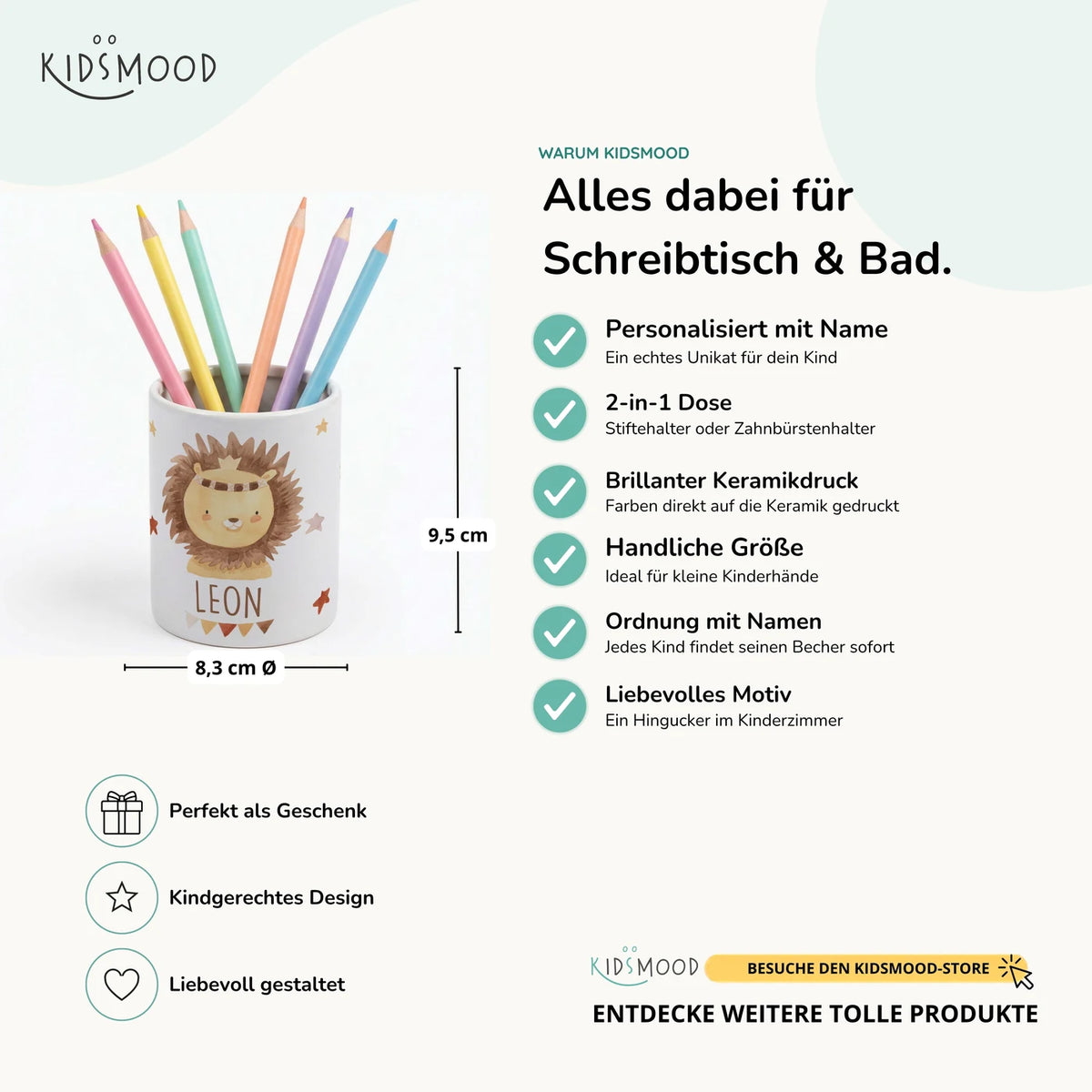 Personalisierter Stiftehalter Löwe Boho â Keramik mit Wunschname