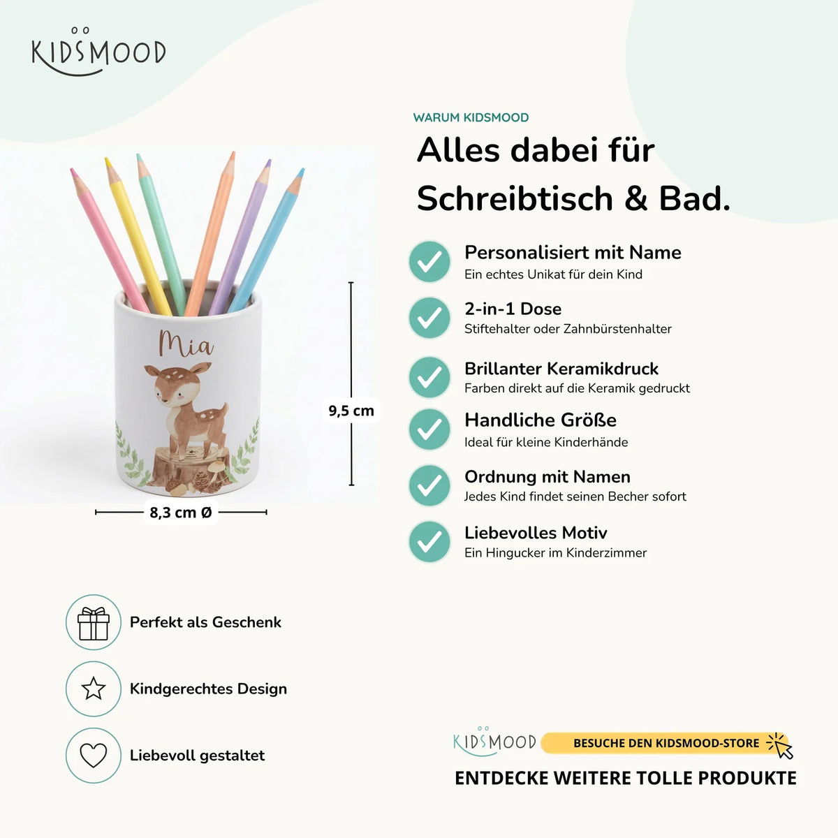 Personalisierter Stiftehalter Rehkitz Wald – Keramik mit Wunschname