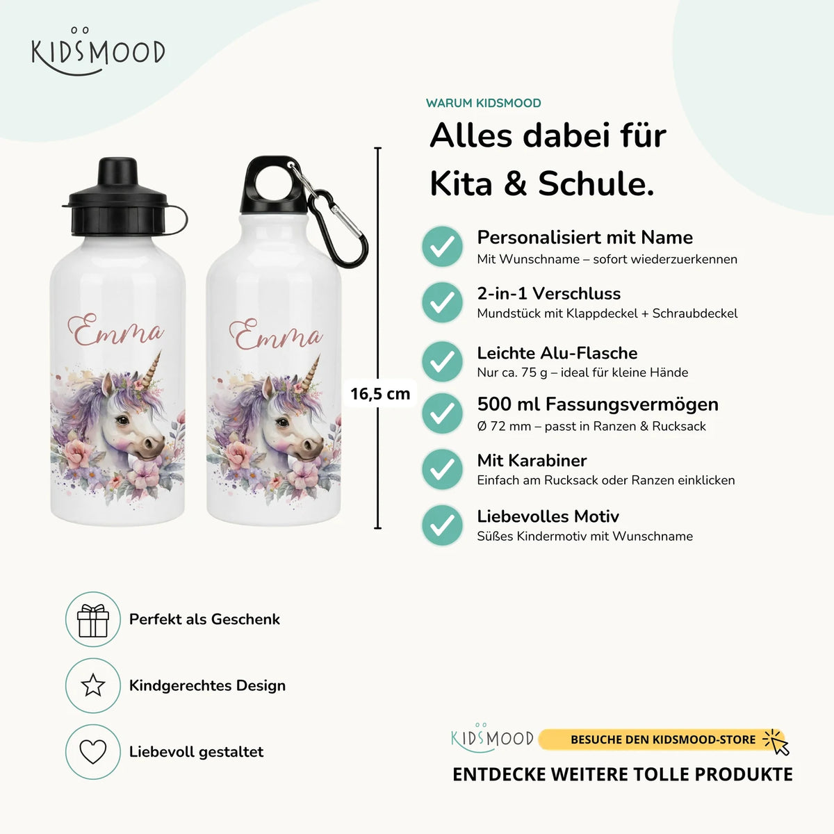 Personalisierte Trinkflasche Kinder – Einhorn Blumenkranz