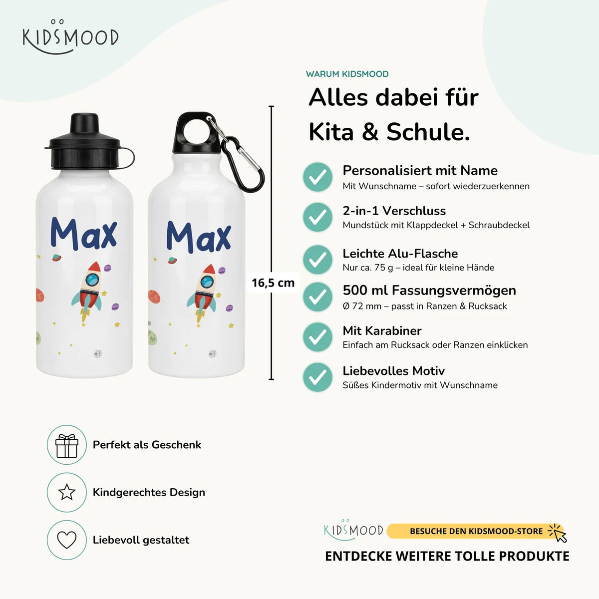 Personalisierte Trinkflasche Kinder – Rakete Weltall