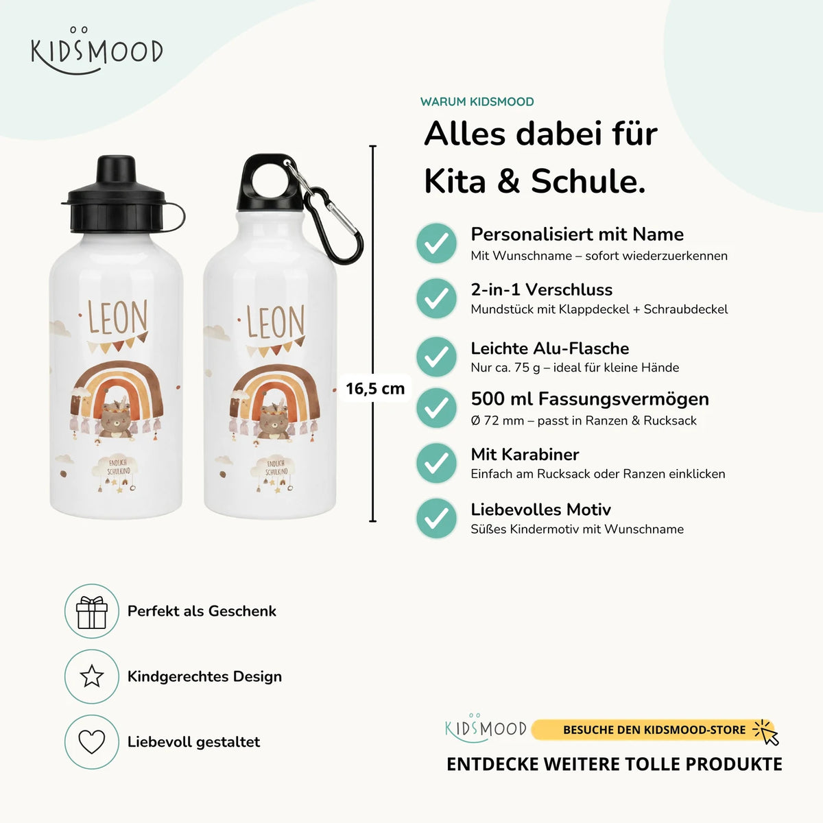 Personalisierte Trinkflasche Kinder â BĂ€r Regenbogen Schulkind