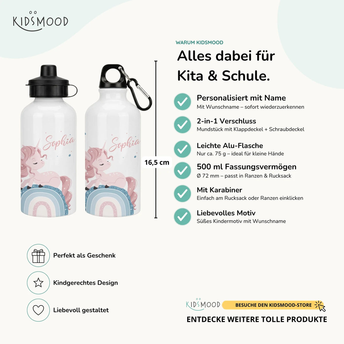 Personalisierte Trinkflasche Kinder – Einhorn Rosa Regenbogen