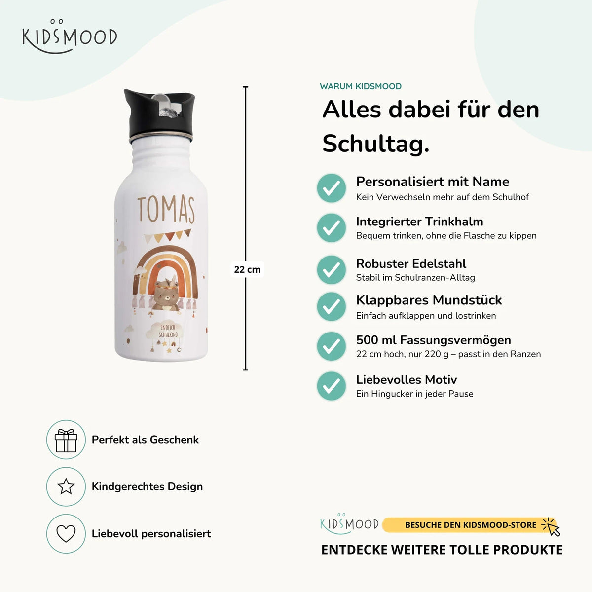Trinkflasche Kinder Edelstahl - Boho BĂ€r