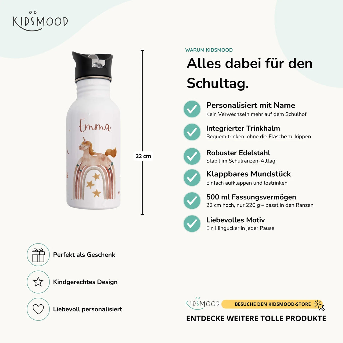 Trinkflasche Kinder Edelstahl - Regenbogen Einhorn