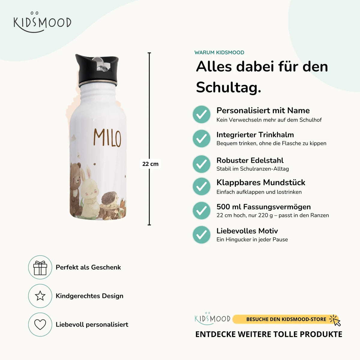 Trinkflasche Kinder Edelstahl - niedliche Motive