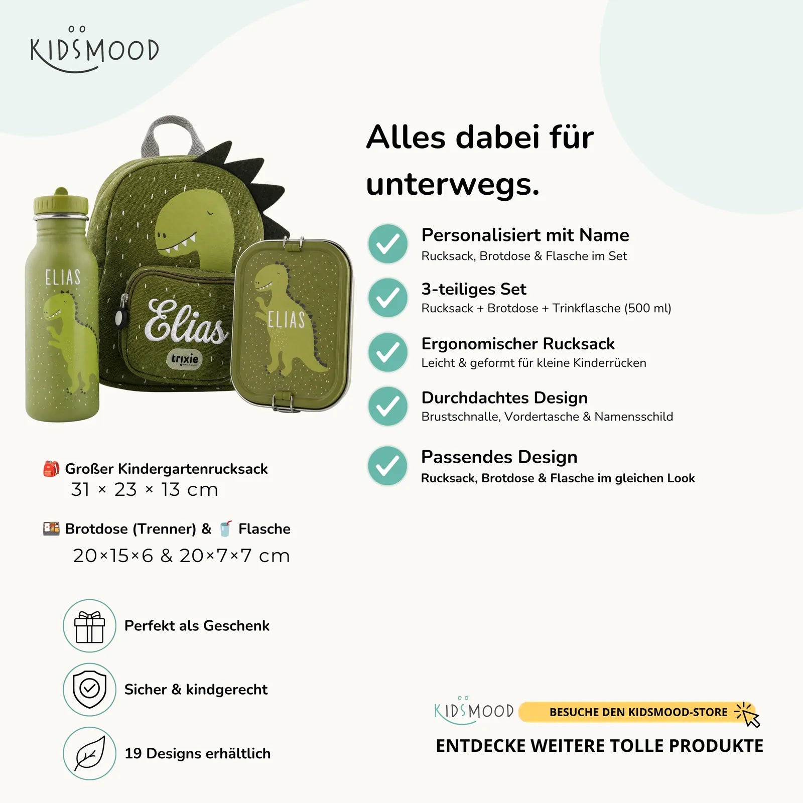 Trixie Kindergarten Set Dino, Set aus Rucksack, Trinkflasche und Brotdose, personalisiert