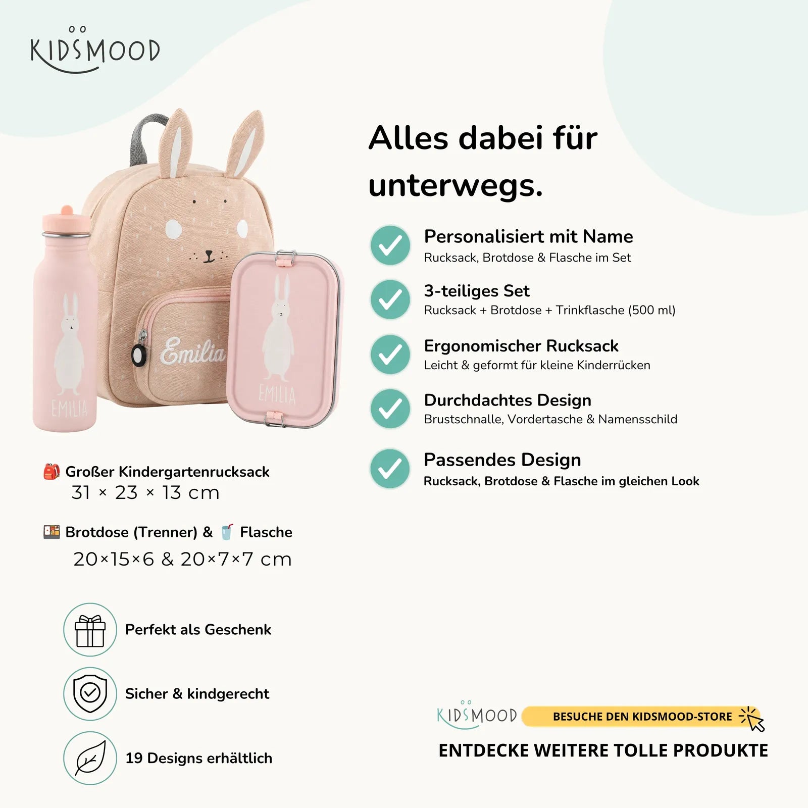 Trixie Kindergarten Set Hase, Set aus Rucksack, Trinkflasche und Brotdose, personalisiert