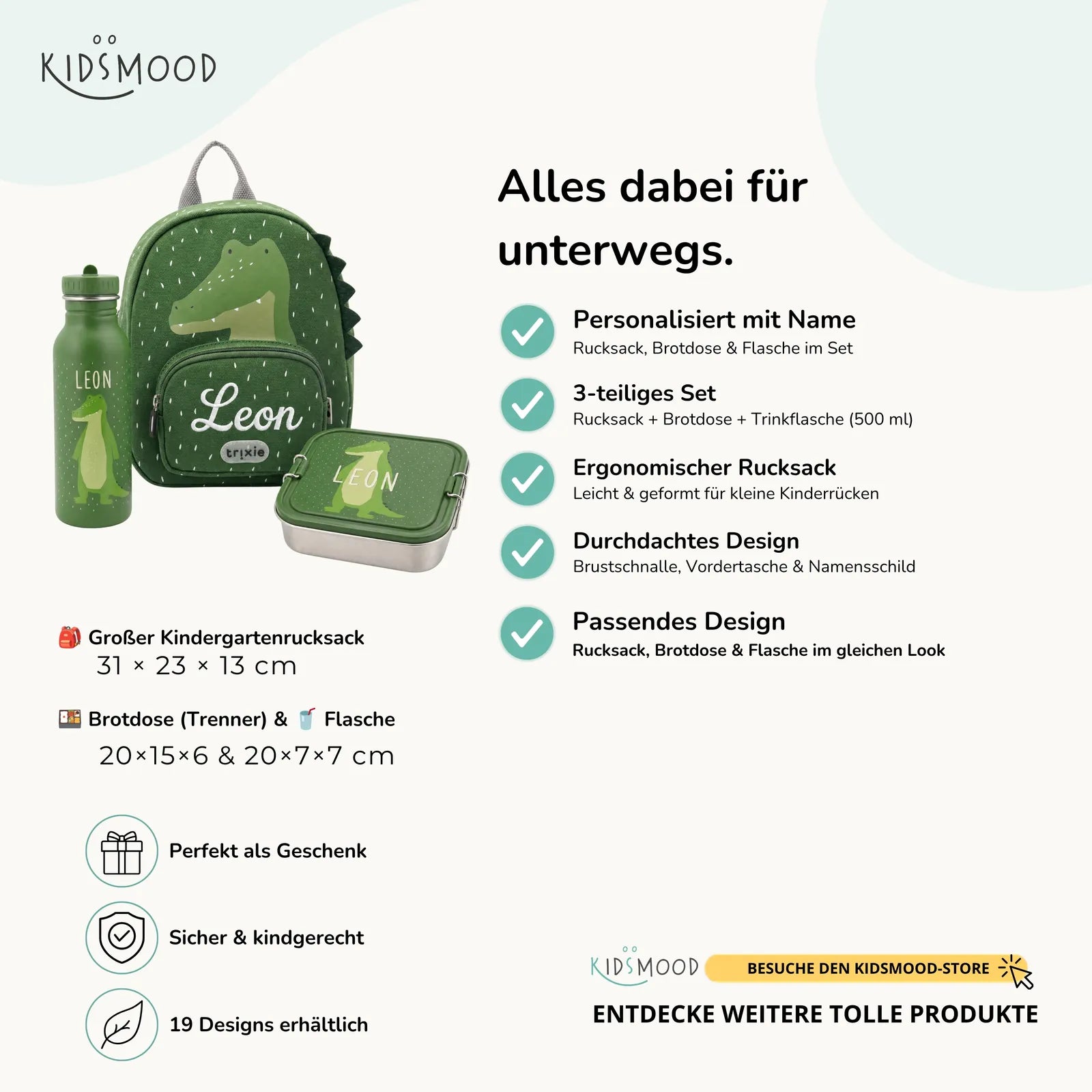 Trixie Kindergarten Set Krokodil, Set aus Rucksack, Trinkflasche und Brotdose, personalisiert