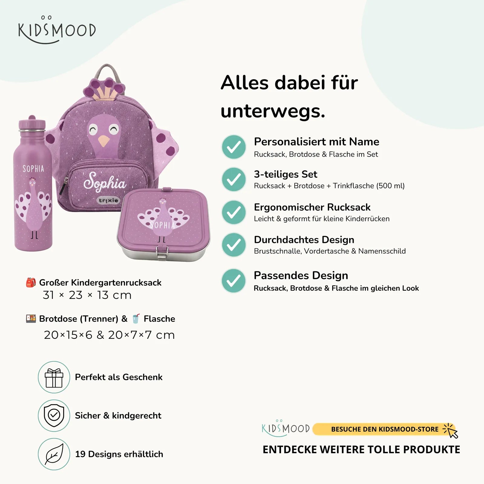 Trixie Kindergarten Set Pfau, Set aus Rucksack, Trinkflasche und Brotdose, personalisiert