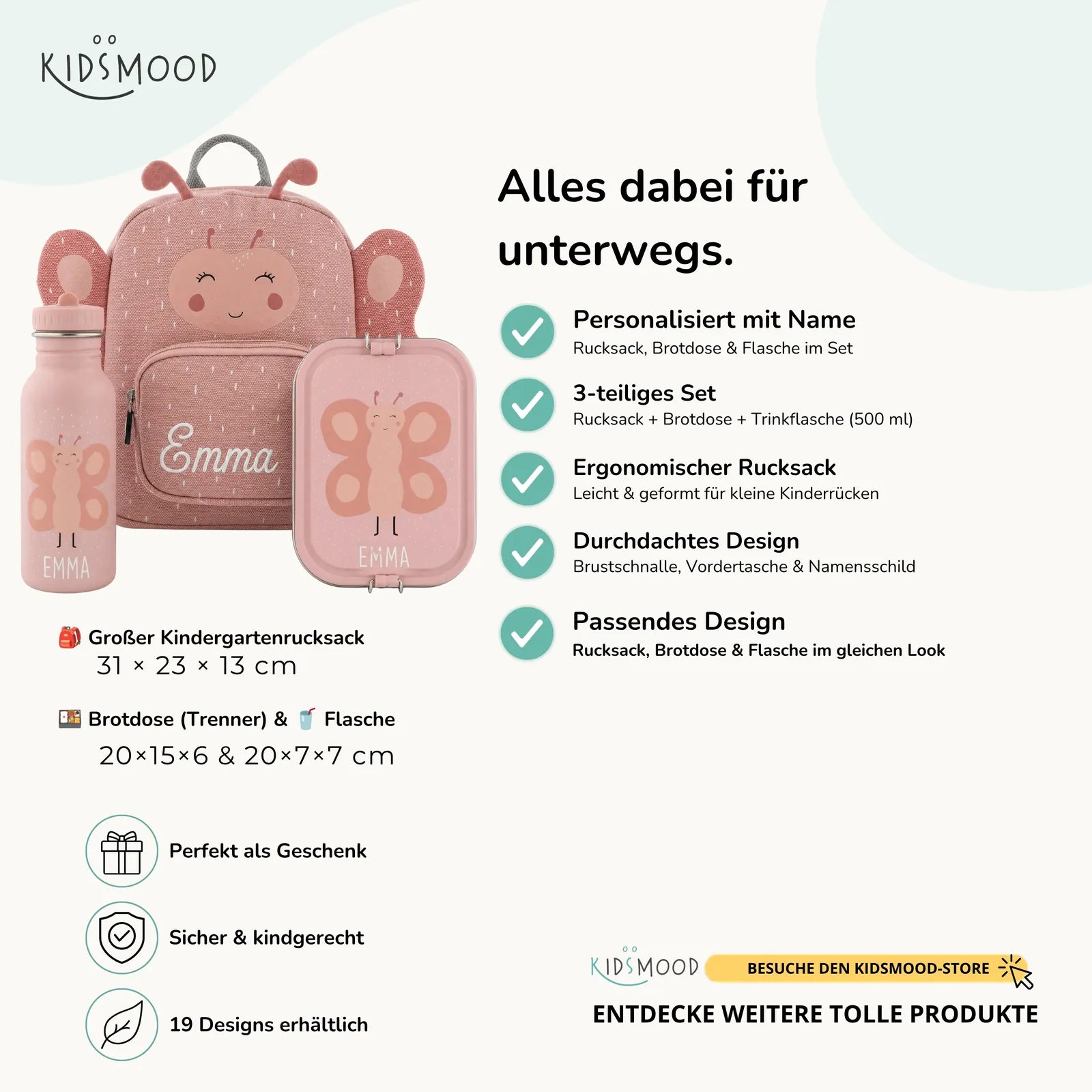Trixie Kindergarten Set Schmetterling, Set aus Rucksack, Trinkflasche und Brotdose, personalisiert