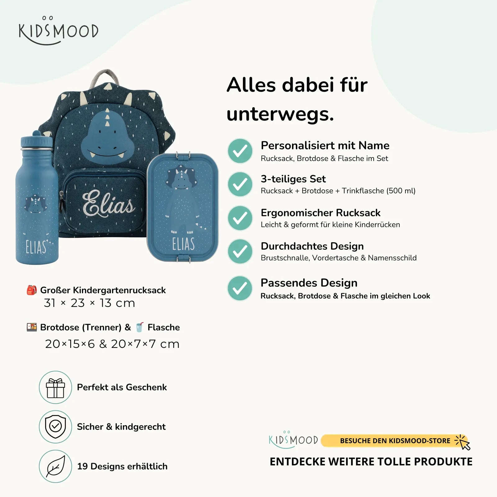 Trixie Kindergarten Set Triceratops, Set aus Rucksack, Trinkflasche und Brotdose, personalisiert