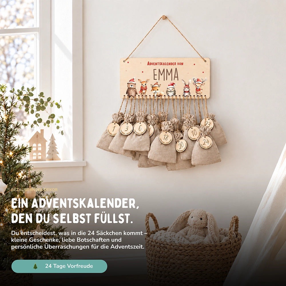 Personalisierbarer Adventskalender farbig - Winterliche Tierfamilie