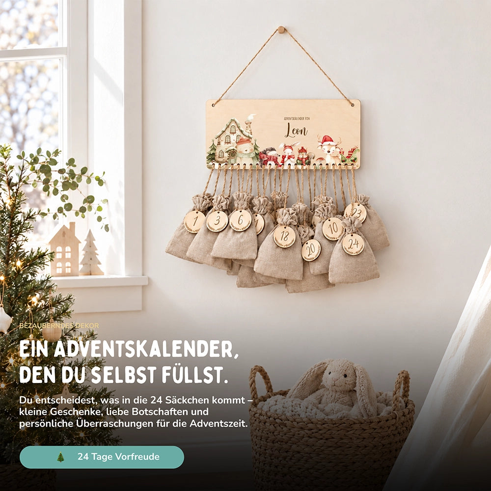 Personalisierbarer Adventskalender farbig - Fröhliche Tierfamilie