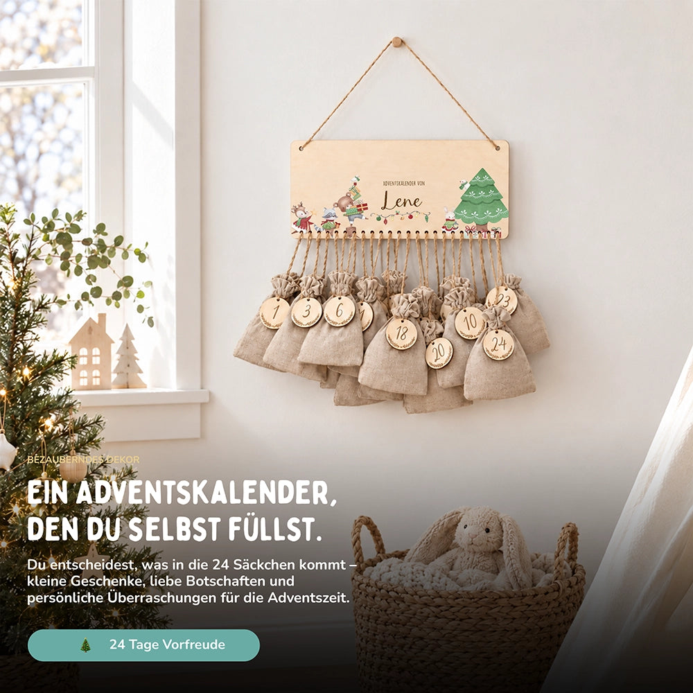 Personalisierbarer Adventskalender farbig - Weihnachtsbaum Tiere
