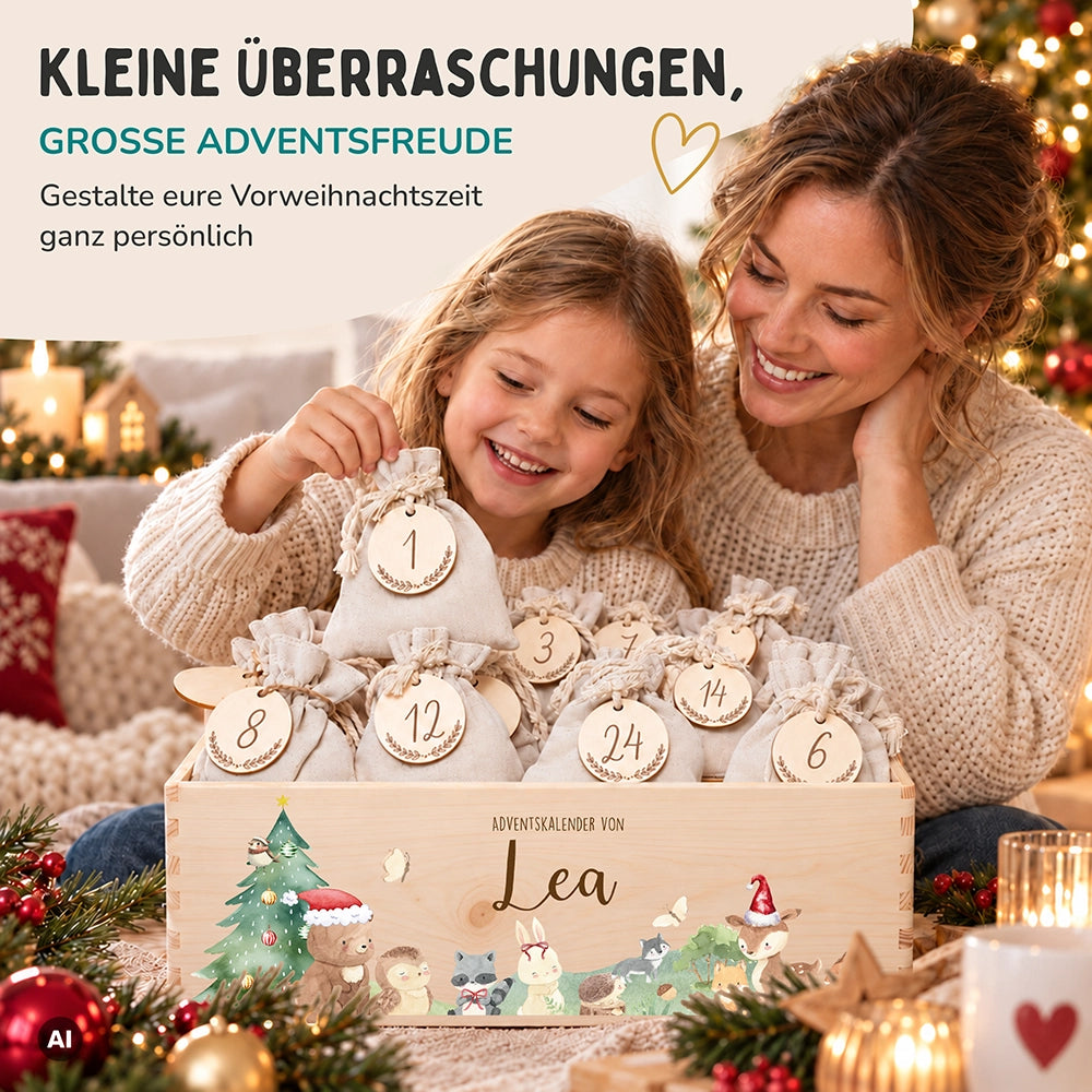 Adventskalender zum Befüllen "Weihnachten mit winterlichen Tierfreunden" personalisiert